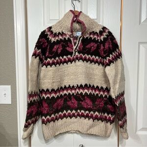 Vintage Ecuador Hand Knit Sweater M/L Blanket Weight Cabin Pink Brown Heavy Wool